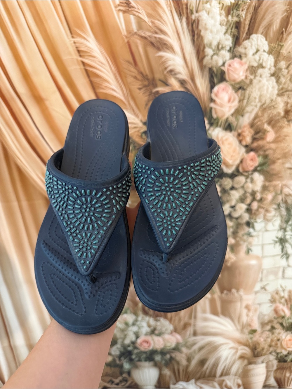 CROCS Navy Thong Sandals with Teal Bead Accents